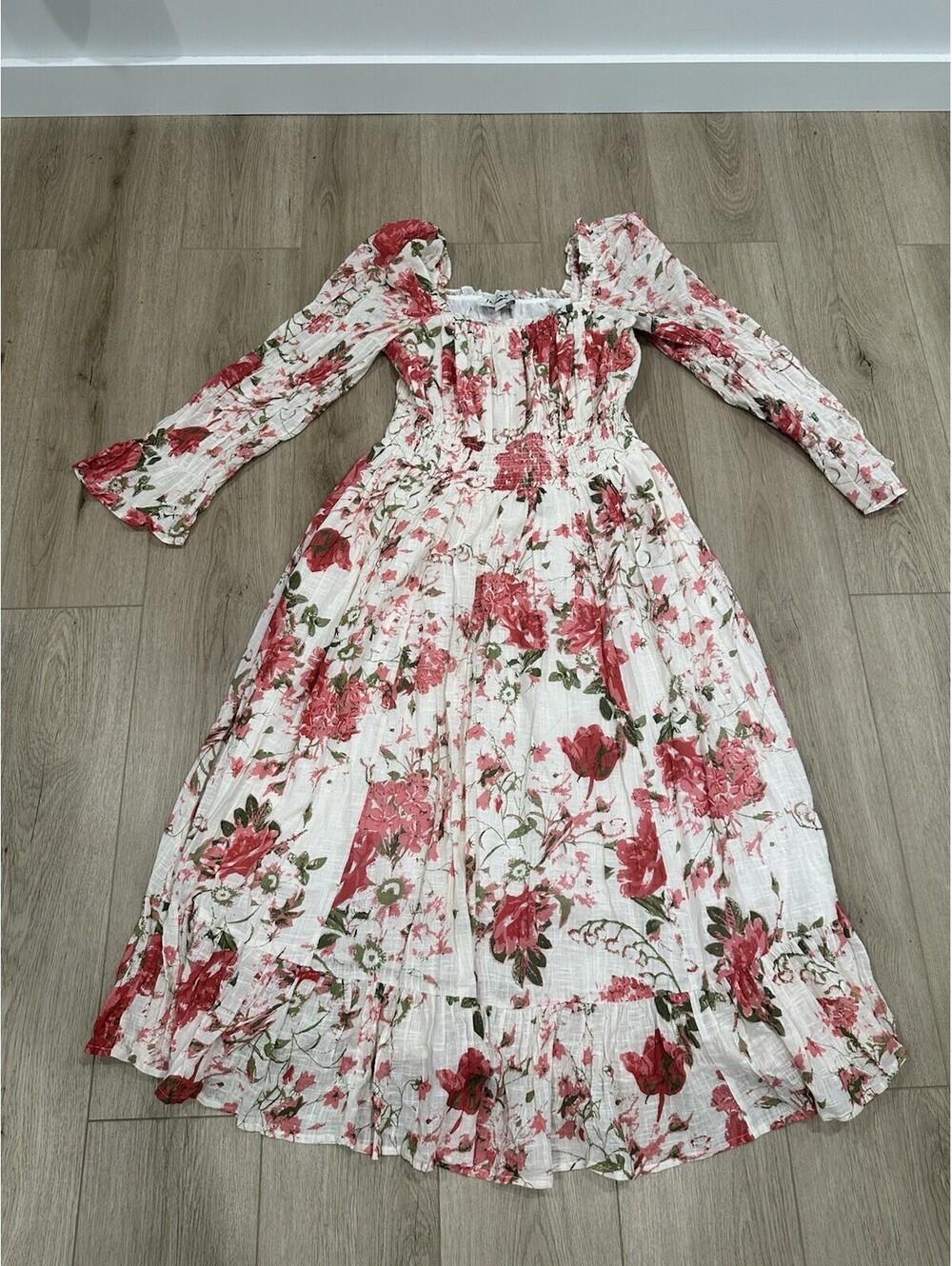 JessaKae Rose Floral Ivory Lined Midi Sz 1X Dress Smocked Ruffle Romantic Boho